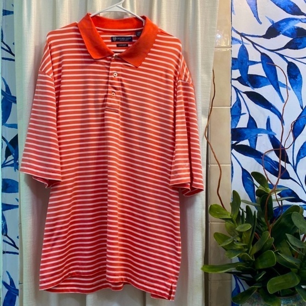 NWOT Men Coral & White Oxford Golf Super Dry Cool Max Polyester Blend Golf Polo